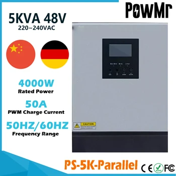 Хибриден слънчев инвертор мощност от 5 kva, чиста синусоидальная вълна 48 220 В, вграден 50A PWM контролер за зареждане и зарядно за ac с паралелен комплект вътре
