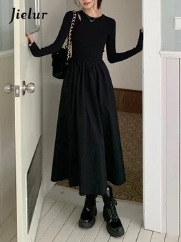 Jielur, Открити Възли Елегантни дамски рокли, Нова тънка талия, однотонное черно една модерна женствена рокля с кръгло деколте, Елегантна градинска облекло