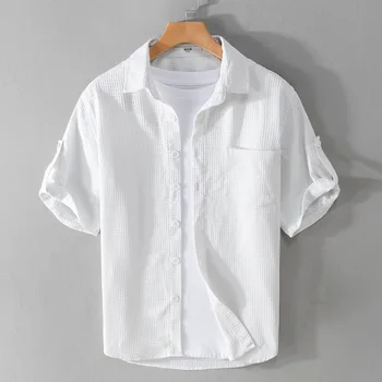 ММ 2023 Лятна новост, мъжки вафельная риза с къс РукавоМкомфортная тениска за ежедневно носене