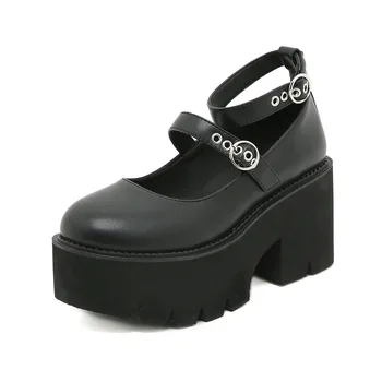 Обувки на блок обувки, Дамски обувки на платформа с катарама, Черни Обувки-лодка в готически стил за cosplay в стил Лолита 