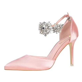 Елегантни маркови летни дамски сандали на висок ток с остър пръсти и кристали, коприна, сандал с каишка на щиколотке, Пикантен дамски модни вечерни обувки