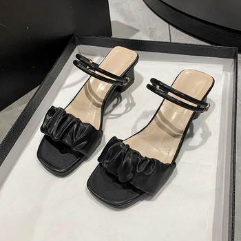 Дамски Секси нагънат Сандали на масивна ток 2023, Лятна Римска обувки в стил Ретро с Квадратни пръсти и отворени Пръсти, Модни Малки пресни Сандали