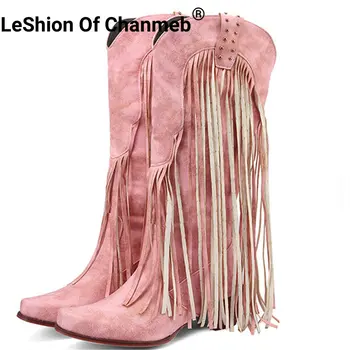 LeShion Of Chanmeb/ Женски Каубойски ботуши в стил пънк с нитове в западен стил, Реколта Каубойски ботуши до коляното с ресни, Каубойски ботуши за момичета в средния блок обувки, Зимни обувки