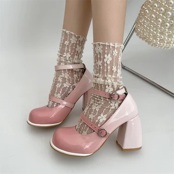 Нови Дамски Есенни обувки-лодка на висок ток от лачена кожа с джапанки на щиколотках, Розови обувки в стил Лолита, Сладък Дамски обувки Мери Джейн на гъст ток