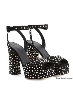 Дамски сандали на дебелото платформа и висок ток Бети Sparkle С украса от скъпоценни камъни Дамски Лятна кожени обувки на дебелите ток