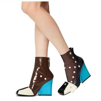 Нови европейски и американски Къси ботуши от дебела подметка с наклон на ток, Секси Ботуши с висок ток със страничен цип, Модни дамски обувки за подиум