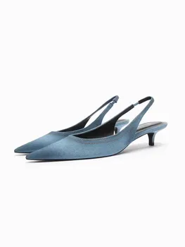 Сандали SP нисък ток Обувки 2023 лято нова мода с остър дънкови тънък ток немски френски Baotou Мюлер женски 