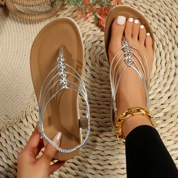 Дамски летни сандали с еластична лента със скоба за носа, Златна ивица, Равна на Удобни обувки за плаж, отдих подметка, Модерни Ежедневни сандали