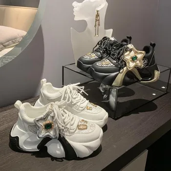 Маратонки с най-високо качество дамски парусиновая обувки за скейтборд, Модни обувки на платформа, Обувки на платформа, Блестящи обувки с кристали