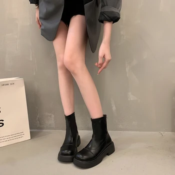 Зимни дамски обувки на масивна обувки с квадратни пръсти, дамски модни къси ботуши без закопчалка на платформата и дебела подметка 2023, женски ботильоны