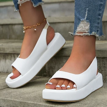 Бели Сандали на платформа От Изкуствена кожа, Дамски Ежедневни сандали на равна подметка с каишка отзад Дамски Лятна нескользящая плажни обувки с отворени пръсти, 2023, Големи размери