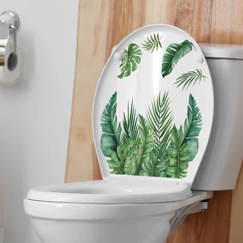 Зелени растения, листа, стикер на тоалетна, Баня, Тоалетка, самозалепващи се тапети, Декорация на дома, художествени етикети
