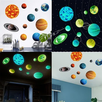 3D Планета на Слънчевата система, Флуоресцентно стикер на стената, Вселената, Планета, Галактика, Детска стая, Спалня, Светещи стикери за стена