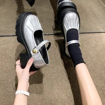 Обувките Мери Джейн е на платформа и ток, прости обувки в стил Лолита, Черни обувки на платформа, Дамски тънки обувки, за да ученички от колежа на среден ток