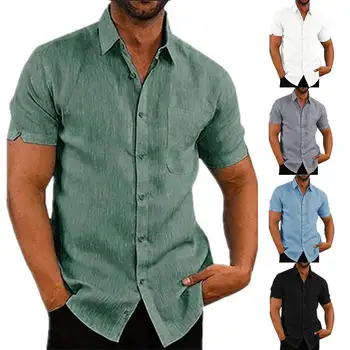 Лятна мъжки ежедневни памучен бельо риза в стил ретро с V-образно деколте и къс ръкав, без най-красива риза