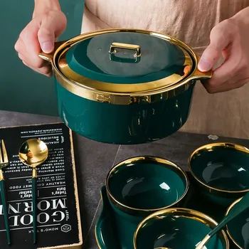 Комплект зелени керамични съдове комплект съдове за готвене от кръгла костен порцелан за домашни любимци суповая купата на тавата за лъжици с капак домакински прибори за готвене