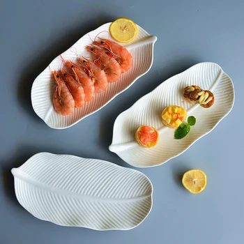 Керамични Бяла Правоъгълна Табела, Чиния от бананови листа, Чиния за Риба, Керамична Плоча, Домашно приготвена Табела за суши