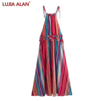 Есен ново дамско елегантно шифоновое рокля на спагети презрамки райе, женски ежедневното свободно рокля LUJIA ALAN WD3038