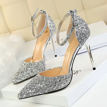 Летни дамски Сандали на висок ток 7,5 см, 9,5 см, Женски сватбени обувки на нисък ток, златни, Сребърни Сандали, Блестящи вечерни обувки за нощен клуб