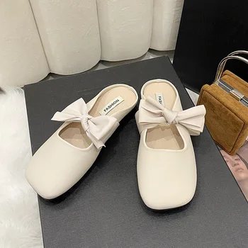Пеперуда-възел чехли дамски, без декор летни дамски чехли Ежедневни обувки на равна плътен цвят открит квадратен чорап Pantuflas 2023 жени