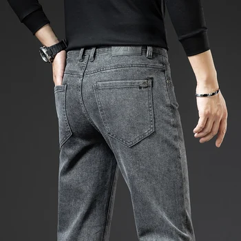 Модни сиви мъжки маркови дънки, есенни нови ежедневни стрейчевые тесни панталони, удобни памучни разтеглив дънкови панталони, мъжки