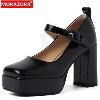 MORAZORA / 2023 г., Нова Модни Дамски обувки от естествена кожа, Офис дамски обувки-лодка Mary Janes на платформа, Обувки с дебел висок Ток С катарама