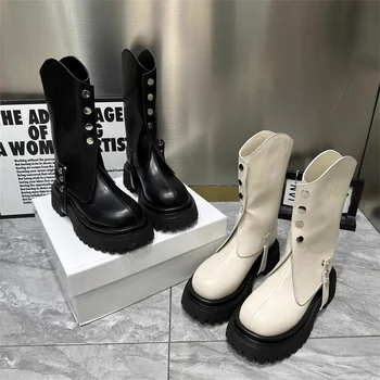 Къса обувки с кръгло бомбе и нитове, Модни есенни дамски обувки на висок квадратен обувки с дебела подметка, черни Botas Femininas