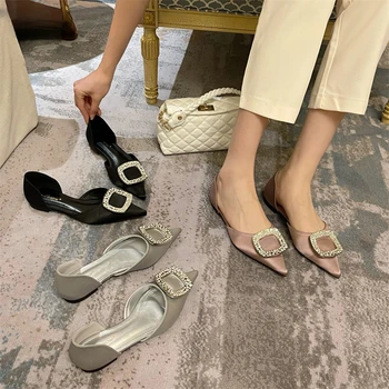 YUDX/ Летни нови дамски обувки на плоска подметка; Модни дамски ежедневни обувки на Мери Джейн, без закопчалка с кристали; Улични модела обувки на плоска подметка с остри пръсти