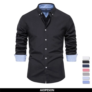 AIOPESON 2023, Нова есенна памучен мъжка риза-Оксфорд с дълъг ръкав и копчета, бизнес ежедневни ризи за мъже
