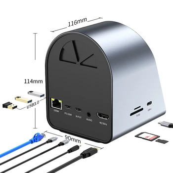 10 В 1 C USB Хъб Type C От 3.0 До 4K HD Адаптер С RJ-45 Устройство за четене на карти SD/TF PD Бързо Зареждане С безжично зареждане от 15 Вата USB hub
