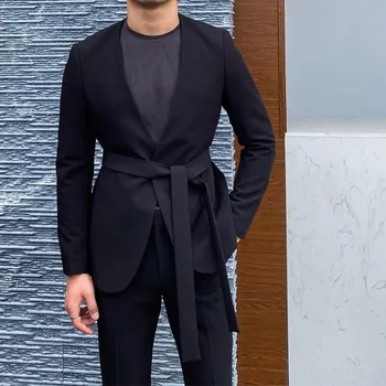 Годишният Елегантен Мъжки костюм 2023, 2 броя, Висококачествено Черно Яке с катарама на колан, на Случаен Пътен Домашен Костюм, палто (сако + панталон)