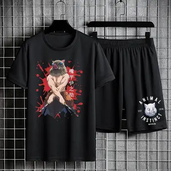 Demon Slayer Спортен Костюм Аниме Комплект с къс ръкав Tanjirou Хип-Хоп Комплекти Тениска от 100% Памук Ежедневни Костюми-wild Y2k, Черни Гащета