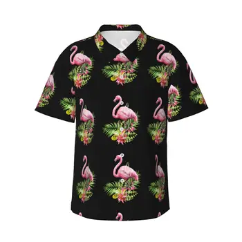 Чифт Мъжки Ежедневни Хавайски Ризи с фламинго, Плажни ризи с къс ръкав и копчета, Ризи с тропически цветен Модел