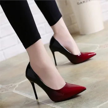 2020 Г., Нова дамски обувки Shadow, Обувки-лодка с остри пръсти, рокля от лачена кожа, Вино-червени Обувки-лодка на висок ток 10 cm, Сватбени обувки 34-42