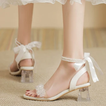 Обувки, Хлъзгава/2023 г. Нови френски сандали на висок ток за момичета, Лятна универсална дамски обувки с отворени пръсти
